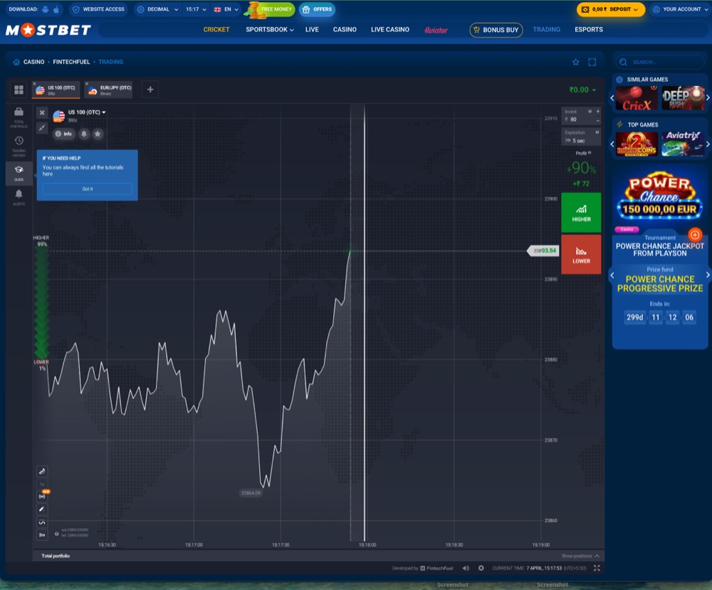 Mostbet Trading interface showing a real OTC chart session with active price movement and Higher and Lower controls