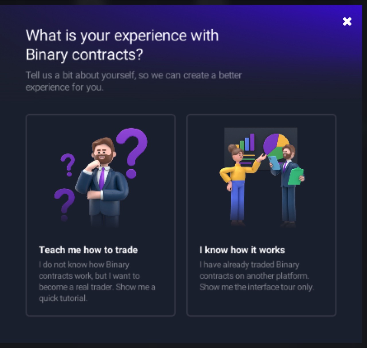 Mostbet Trading onboarding modal asking about binary-contract experience before entering the platform