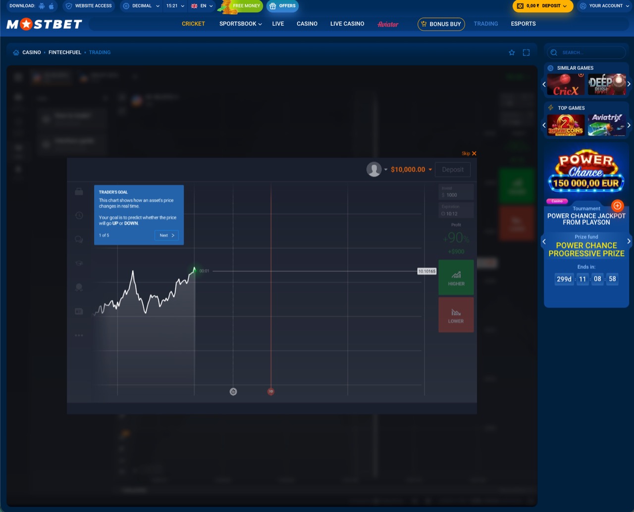Mostbet Trading demo interface showing the real tutorial overlay on top of the chart before the first practice trade